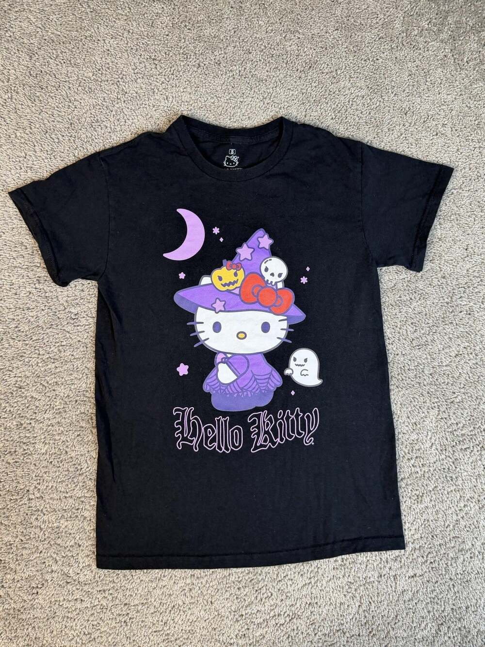Hello Kitty Shirt Womens S Black Halloween Witch Graphic Crew Neck Cotton
